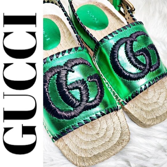 NWT GUCCI Nappa Silk Leather GG Logo Metallic Green Platform Espadrilles, 35 - Picture 3 of 14